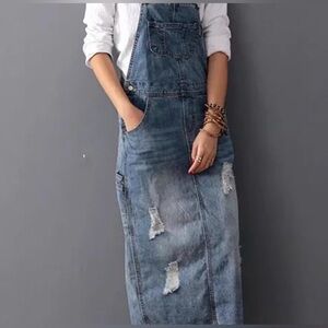 #1023 Denim Overall Skirt Jeans - Blue Distressed Women’s Overalls
